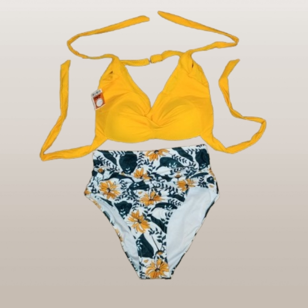 Bright Yellow Bikini Top & Floral High-Waisted Bottom – Size Small. New!#14 Fina